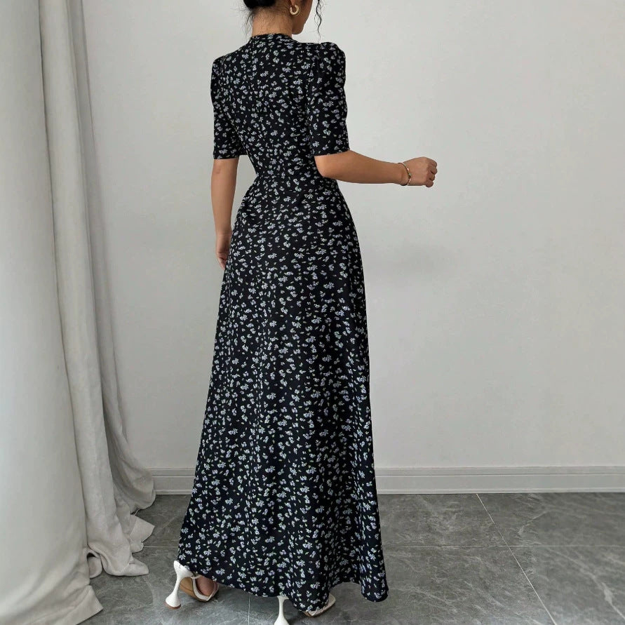 new european and american style fitted v-neck floral print elegant dress