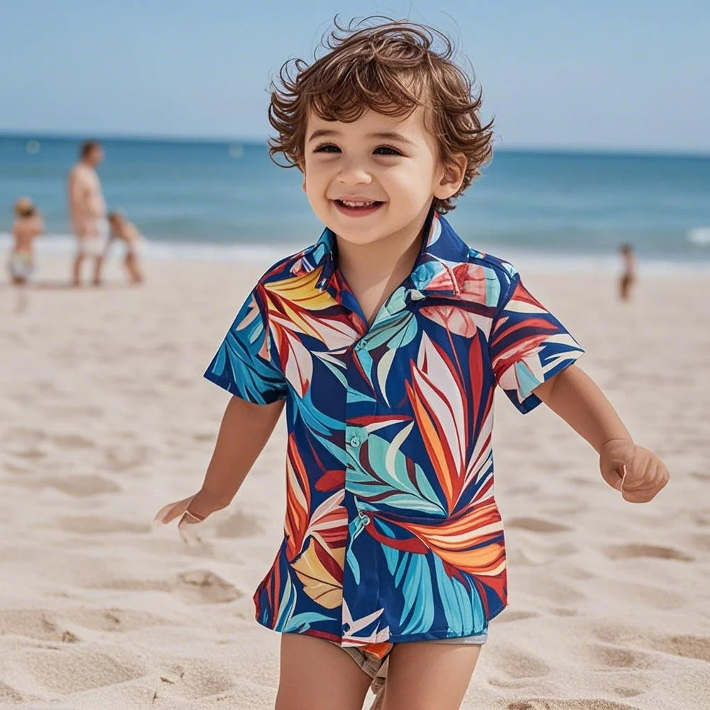 Summer lightweight kids' shirt - cool, mid-to-large boy's collared shirt, short-sleeve floral shirt, floral top - custom manufacturer
