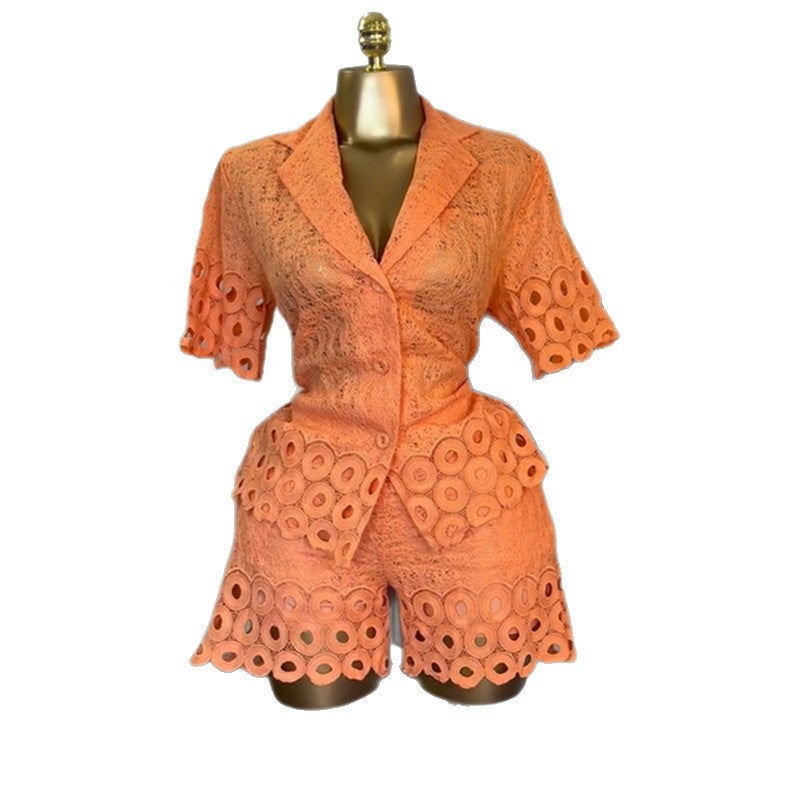 European and american cross-border women's fashion:  summer new arrival - stylish turn-down collar, hollow-out short sleeve shirt & wide-leg shorts casual set