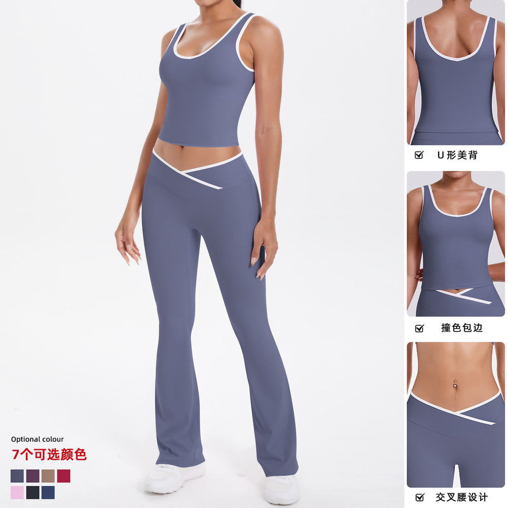 Contrast colorpatchwork nude cross high waist micro flare yoga wear tight quick-drying beautiful back sports suit running fitness wear