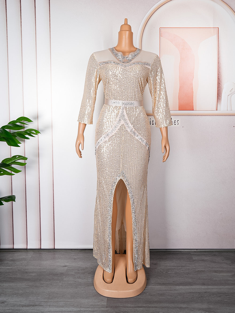 Aliexpress new year party evening dress african women's plus size cross-border fashion sequin rhinestone slit dress