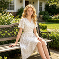 Teen girls' french floral dress - high-low hem, country chic print, v-neck, fashionable european & american style, vintage dress