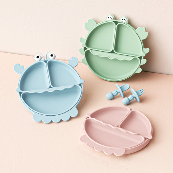 Silicone Children's Plate Food Grade High Temperature Resistant Suction Cup Type Grid Plate Cartoon Crab Baby Supplementary Food Tableware