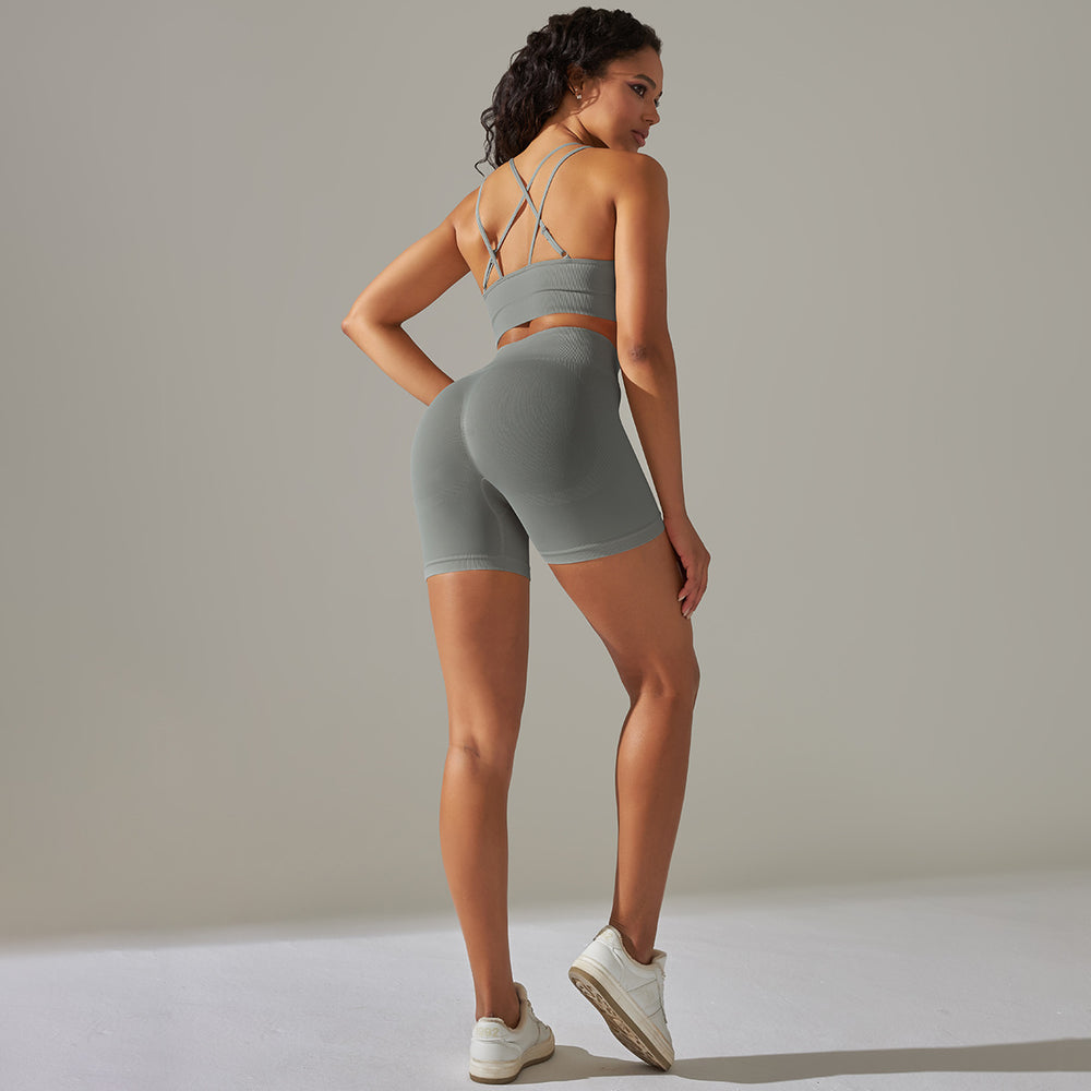 fashion seamless tight cross back sports intimates yoga suit running fitness shorts two-piece set