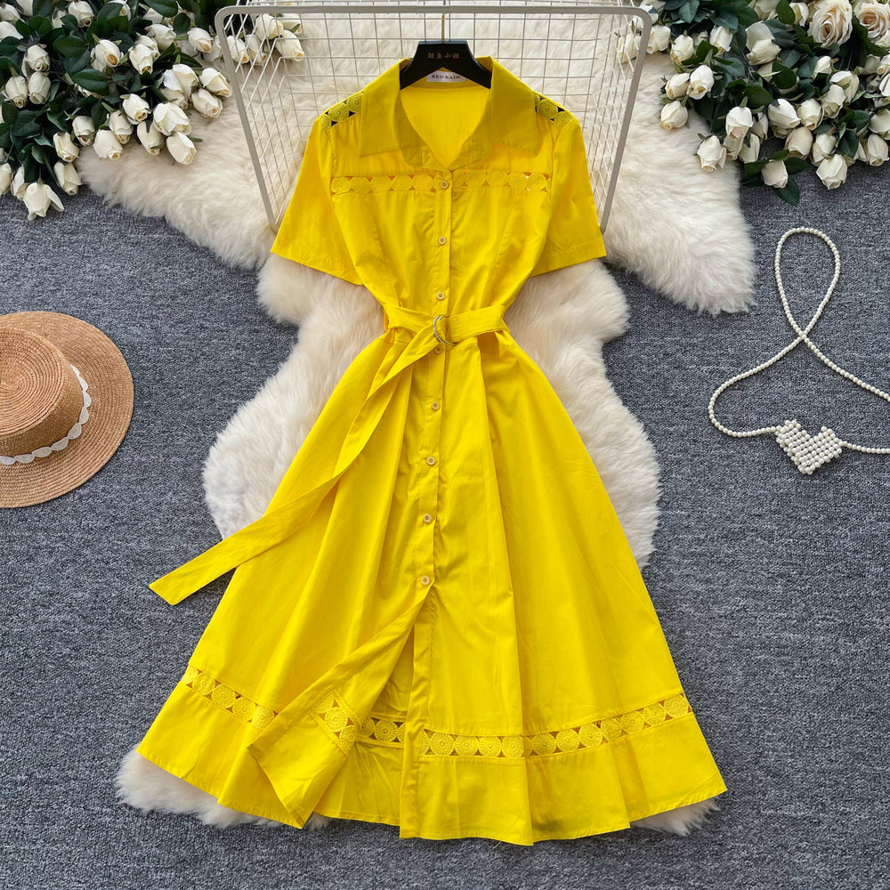 Lightly mature elegance style polo collar short-sleeved a-line dress women's summerk-style waist slimming lookelegantwork clothing skirt