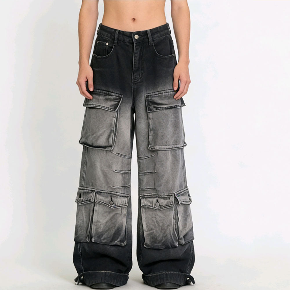 European and american style women's denim cargo pants -  cross-border fashion - streetwear gradient color multi-pocket straight leg jeans