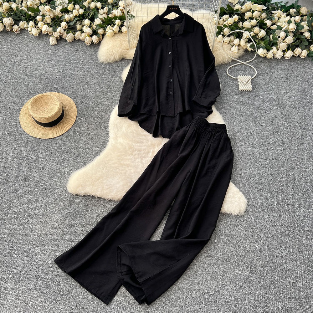 Casual fashionablesuit women's lazy style sense of designasymmetricallong sleevesshirthigh waistloose pantsstraight-leg pantstwo-piece set