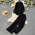 Casual fashionablesuit women's lazy style sense of designasymmetricallong sleevesshirthigh waistloose pantsstraight-leg pantstwo-piece set