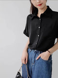 summer new arrival: casual satin short-sleeve blouse - korean style, professional white collar, commute & interview shirt - in stock
