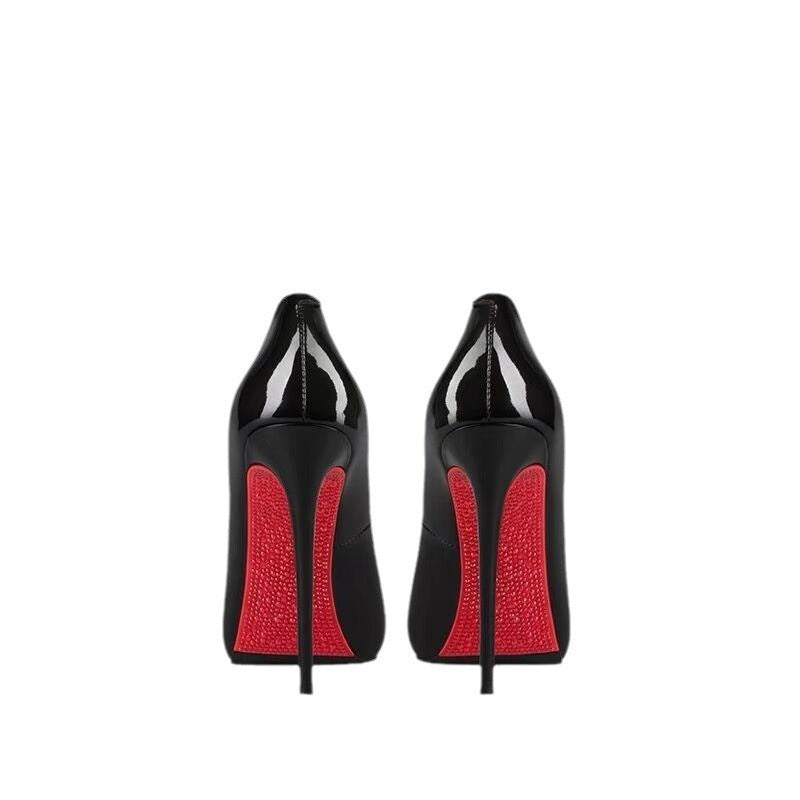 2024 spring new arrival: red sole rhinestone "queen bee" stiletto heels - black pointed-toe patent leather pumps, effortlessly chic and confident