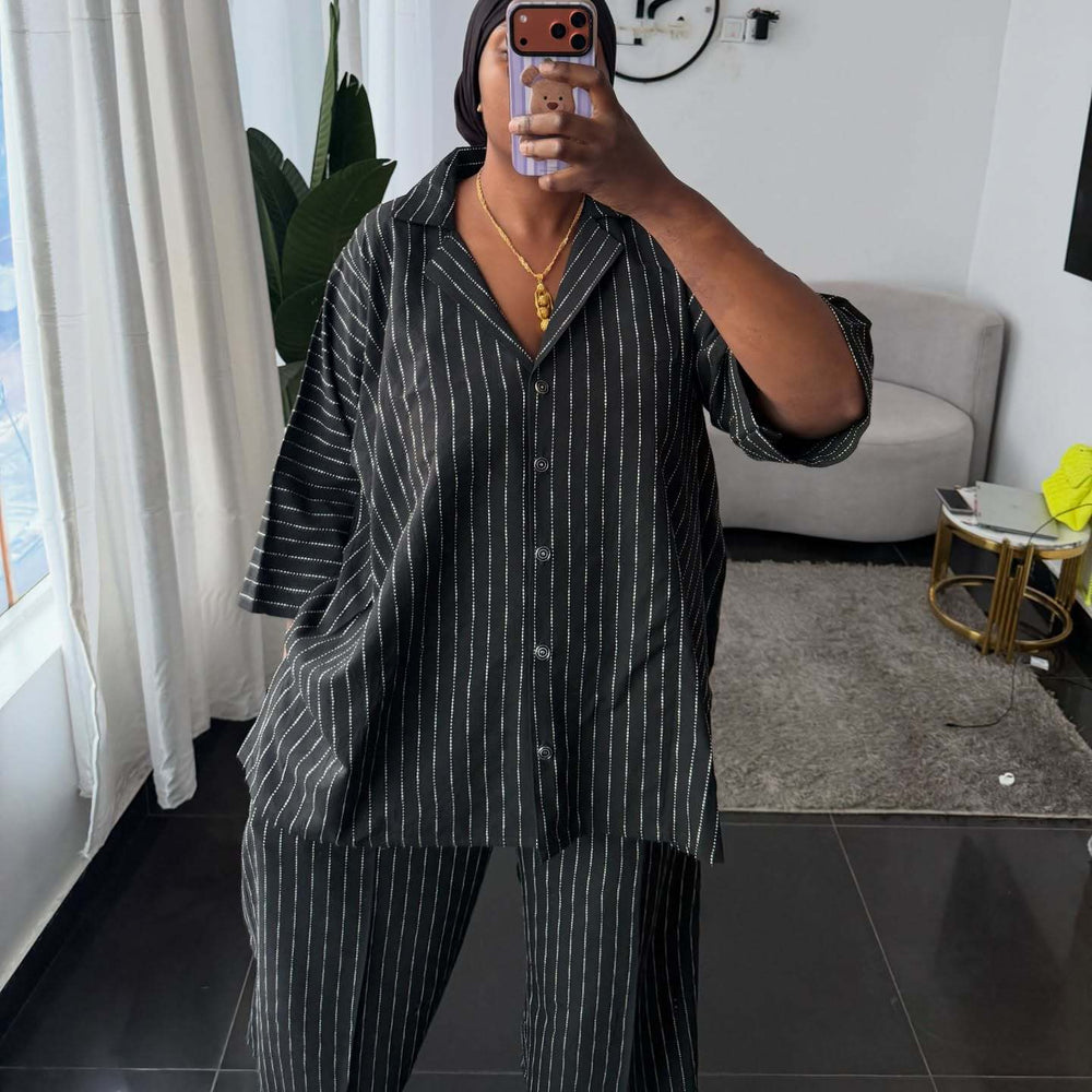European and american cross-border women's clothing  summer new arrivals: african-style plus size fashion loose striped shirt and wide-leg pants set