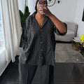 European and american cross-border women's clothing  summer new arrivals: african-style plus size fashion loose striped shirt and wide-leg pants set