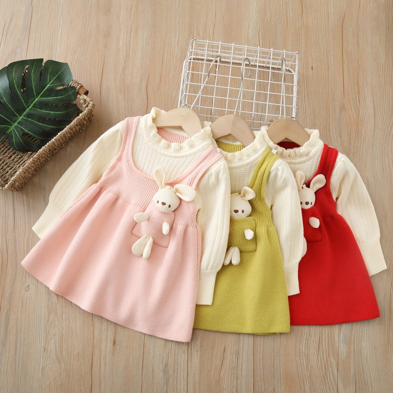 Girls' fleece-lined sweater dress -  autumn/winter new year's edition - bowknot christmas dress - children's wear - little girl's dress