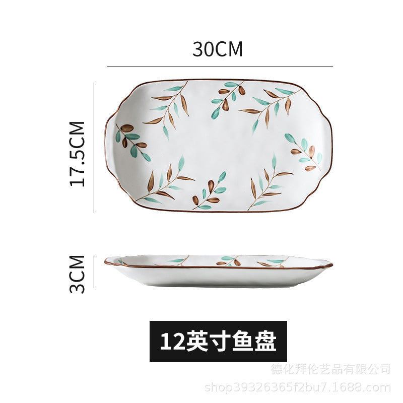 Nordic hand-painted leaf ceramic dinnerware set - includes plates, bowls, and dishes with handles for home use: dinner plates, vegetable plates, fish plates, noodle bowls, and snack dishes