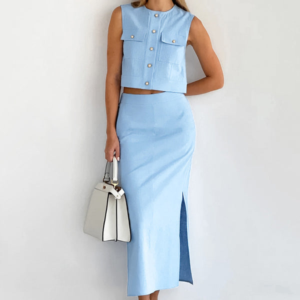French cotton and linen slim-fitting round neck split-ended sleeveless top straight skirt set 2024 autumn European and American  two-piece set