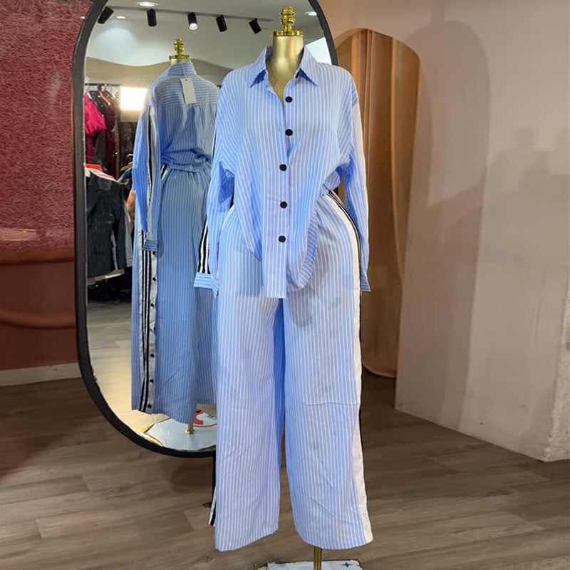 European and american cross-border women's fashion:  autumn new collection - stylish notch collar striped long sleeve shirt and high-waisted wide leg pants set