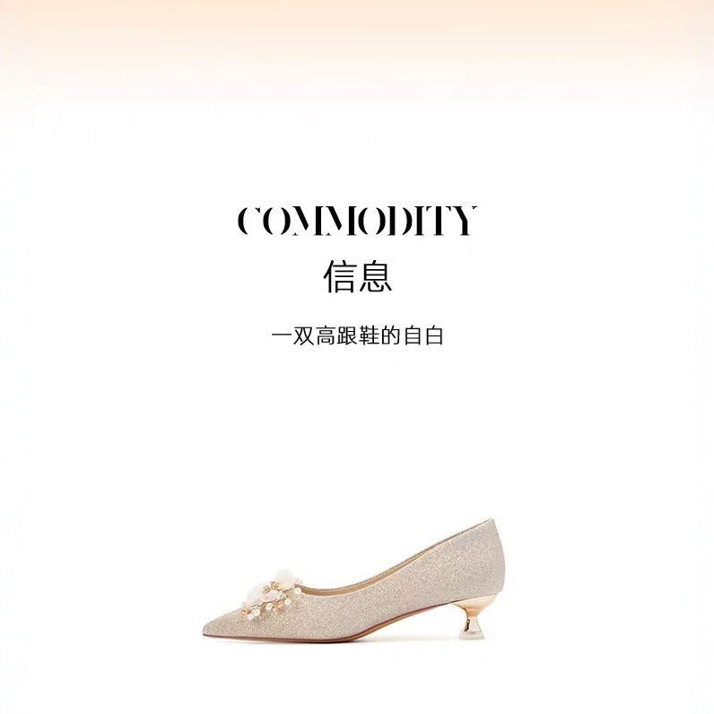 2025 new floral wedding shoes for women, pointed-toe stiletto heel, low-cut bridal shoes