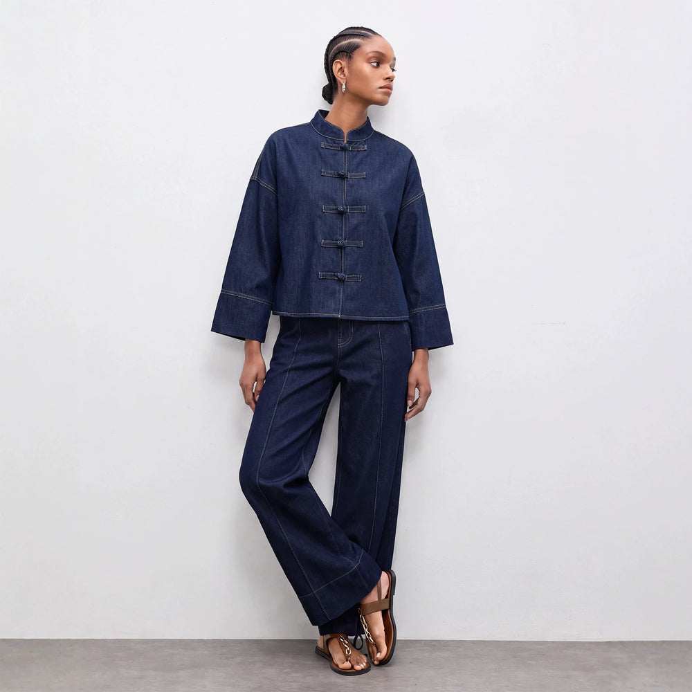 Women's chinese stand collar buttoned denim top - deep navy, relaxed fit, cropped shirt with three-quarter wide sleeves