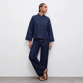 Women's chinese stand collar buttoned denim top - deep navy, relaxed fit, cropped shirt with three-quarter wide sleeves