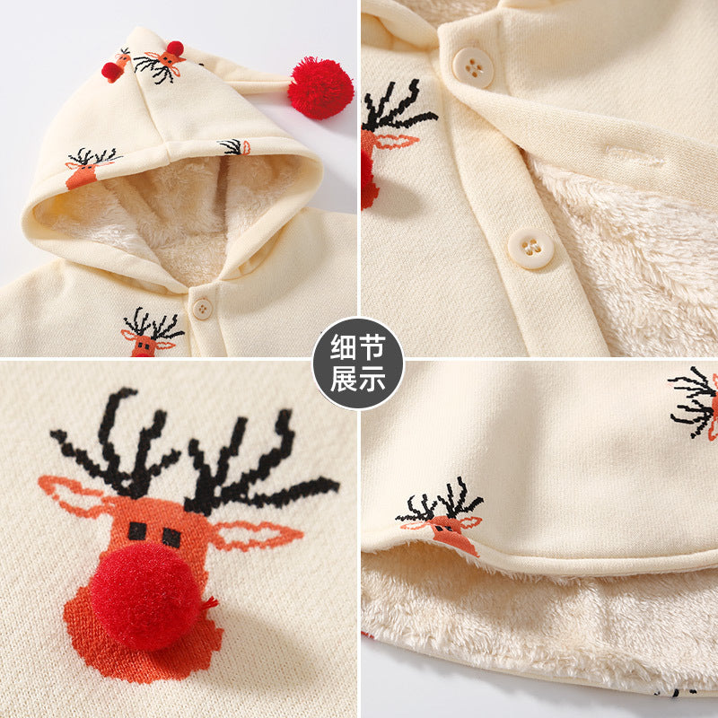 Baby cloak autumn and winterk-style cartoon christmas elk fleece-linedheattechthickenedoutwearkids cape cloak style