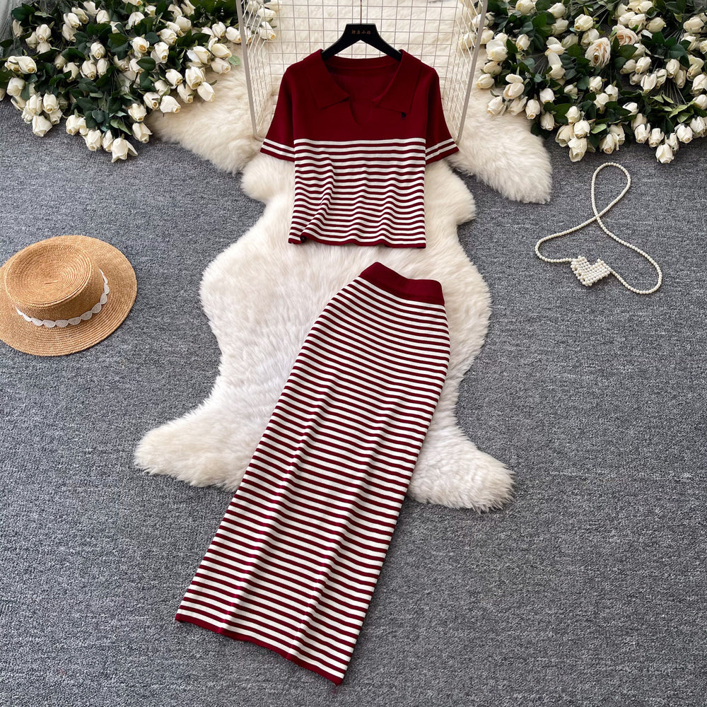 Frenchstripesknitting shirt high waist skirt two-piece set women's summer lazy work clothing styleelegantfashionsuit