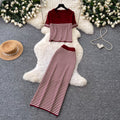 Frenchstripesknitting shirt high waist skirt two-piece set women's summer lazy work clothing styleelegantfashionsuit