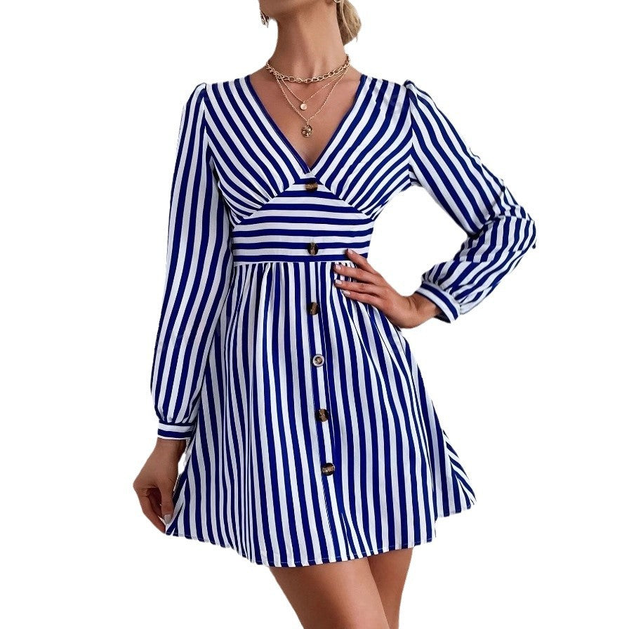 European and american cross-border   new fashion slim-fit v-neck button-down striped long-sleeve ruched women's dress