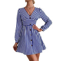 European and american cross-border   new fashion slim-fit v-neck button-down striped long-sleeve ruched women's dress