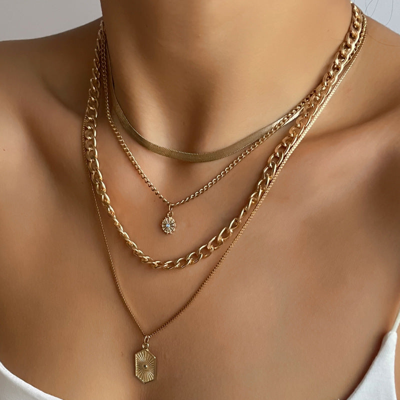 Wholesale alloy necklaces - new european and american cross-border style: minimalist diamond-studded rhombus square pendant, sun charm, multi-layer choker necklace for women
