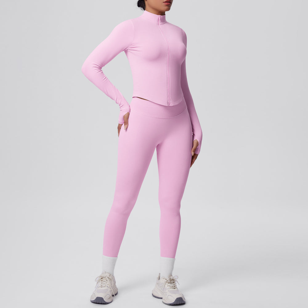 seamless pure color tight high elastic breathable zipper nine-point sports suit running fitness yoga suit two-piece set