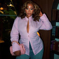 European and american cross-border women's fashion:  autumn new arrival - stylish pink striped tie-waist long-sleeve blouse with turn-down collar