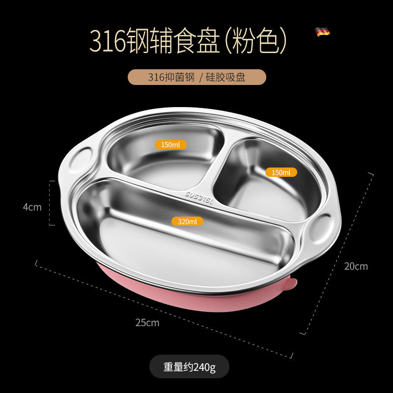 316L stainless steel children's grid dinner plate with non-slip silicone suction cup children's cute baby eating tableware lunch box