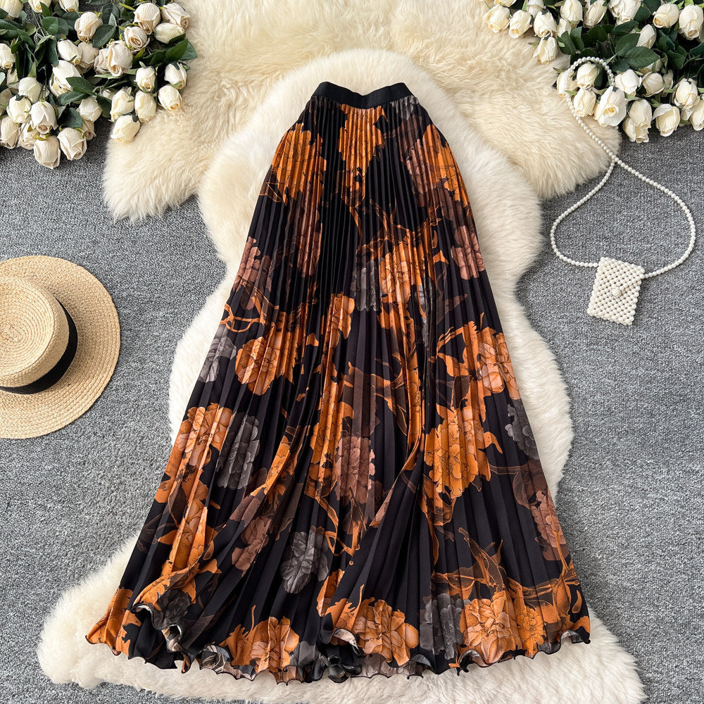 Vintage print pleated elastic waist fashion skirt - women's high-waisted a-line skirt - commute-friendly, flowy maxi skirt for summer