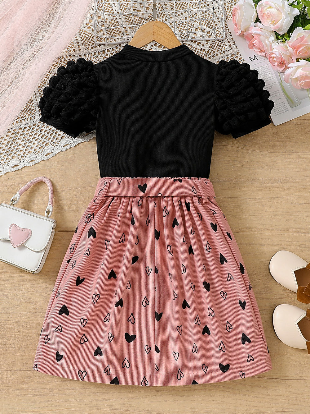 spring/autumn casual new style girls' bubble sleeve printed top + heart-shaped a-line skirt set