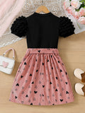 spring/autumn casual new style girls' bubble sleeve printed top + heart-shaped a-line skirt set