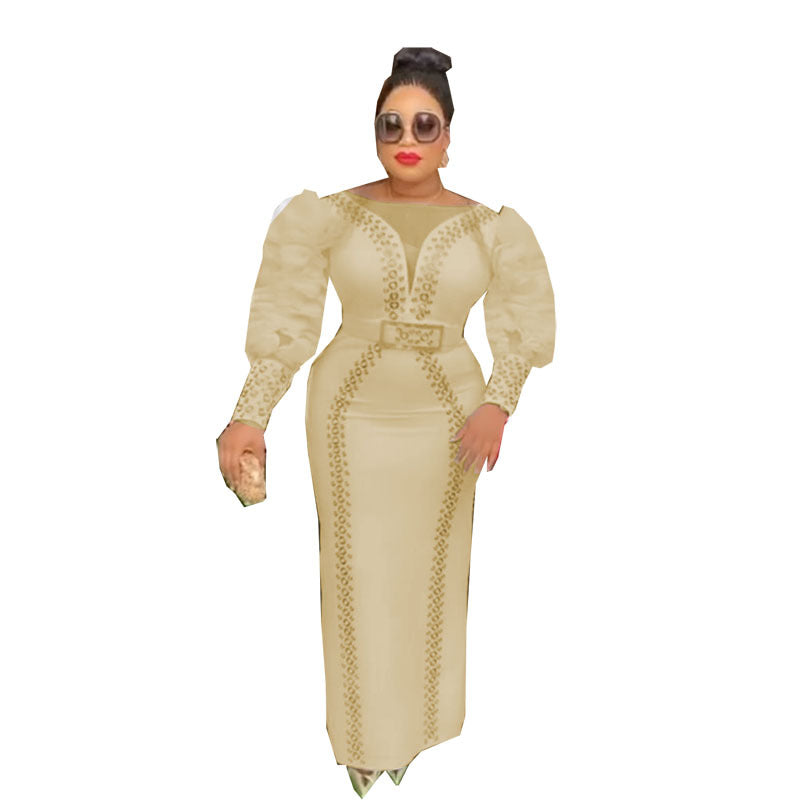 fashion knitting heavy industry hot diamond beading puff sleeves long sleevesilm pencil skirt dress long skirt african women