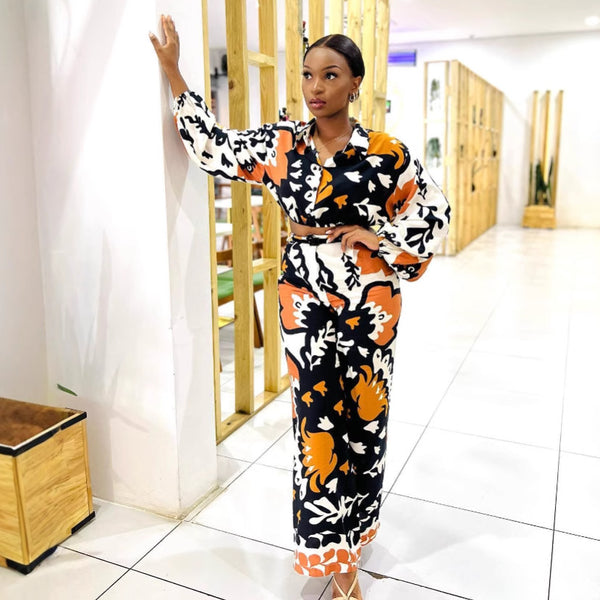 African large size women's clothing set lapel collar long-sleeved top printed wide-leg trousers European and American casual shirt two-piece set women