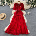 Xiaoxiangfeng pink a-line heavy industry pleateddress women's summer short-sleeved high waist waist pleated long skirtaccessible luxuryelegant