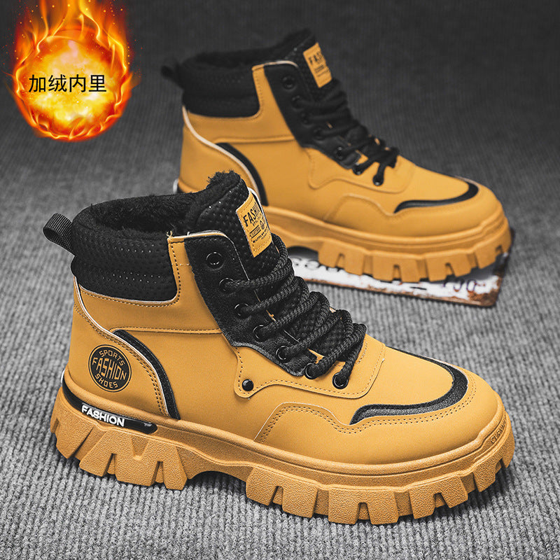 Men's winter fleece-lined thickened martin boots - trendy, versatile work boots, slip-resistant, wear-resistant, thick-soled, waterproof men's boots