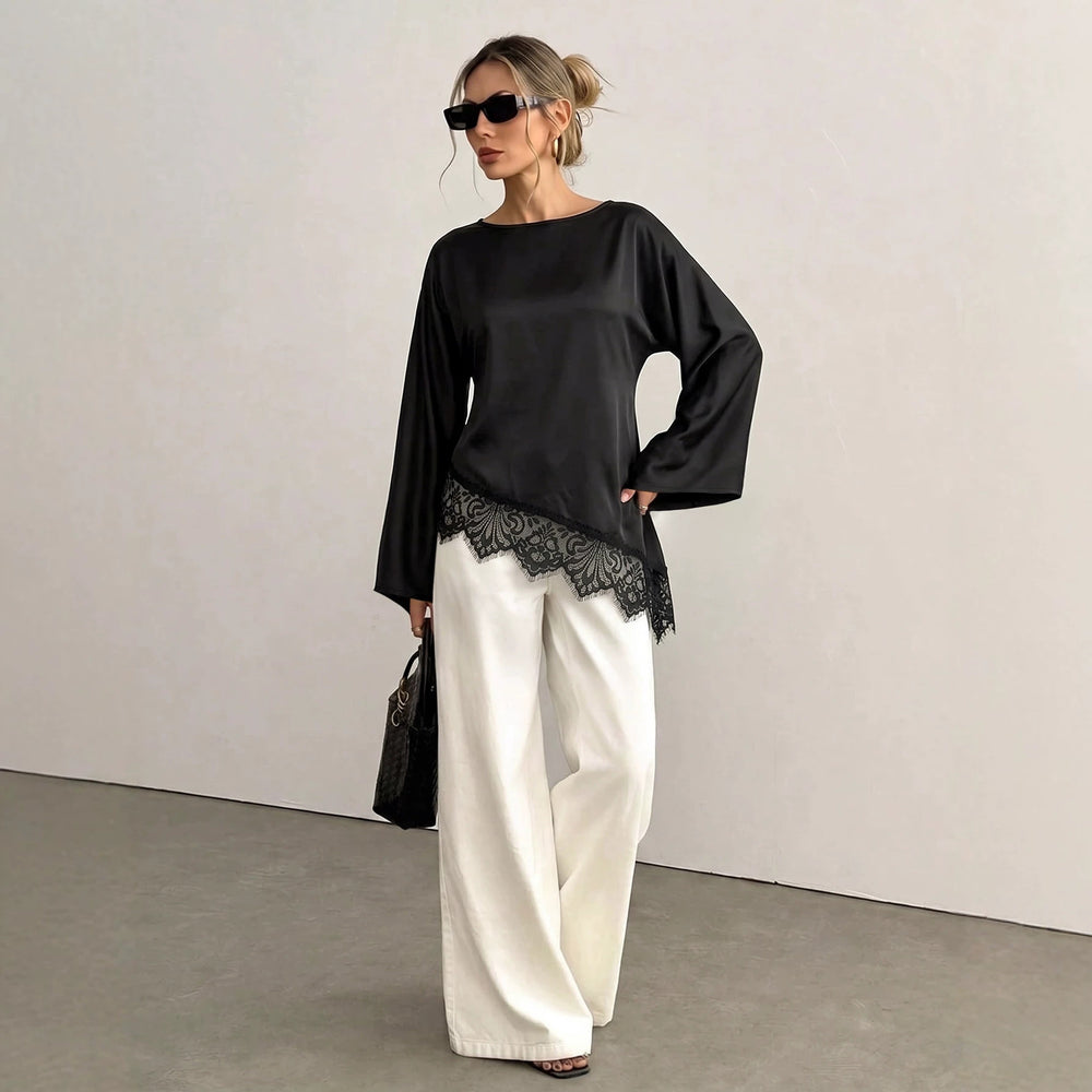 Round neck large horn long sleevestops women's asymmetrical hem lacepatchworklooseelegant women's clothing export cross-border