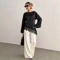 Round neck large horn long sleevestops women's asymmetrical hem lacepatchworklooseelegant women's clothing export cross-border