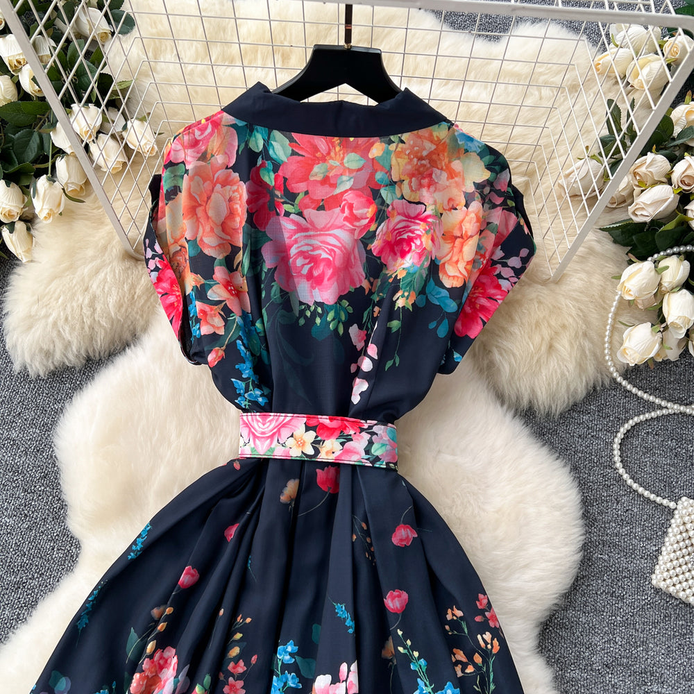 European and american retro dress women's summer new arrival - elegant, figure-flattering, single-breasted, collared, printed midi dress/gown