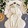 Halter knittingsummer silmslimming lookdress female springk-stylehigh waist a-line skirtwork clothingwhite skirt