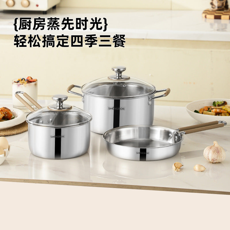 Cross-border 304 soup pot set pot, silicone anti-scalding handle, food-grade three-layer steel thickened household cooking pot wholesale