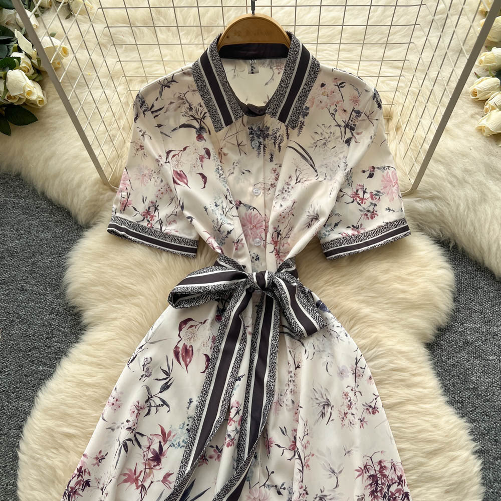 European fashionable printing dress women's  summer light mature style straps waist lapel short sleeve single breasted long skirt