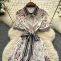 European fashionable printing dress women's  summer light mature style straps waist lapel short sleeve single breasted long skirt