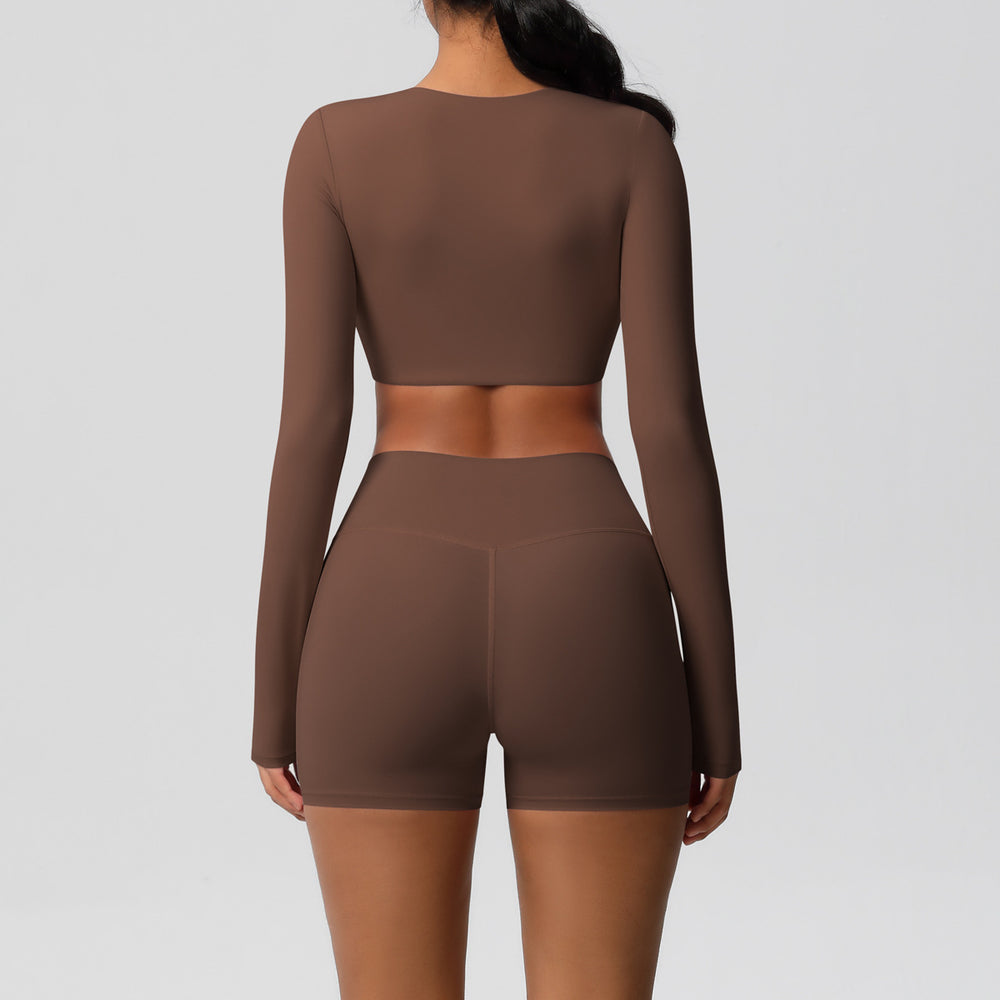 pure color double-sided brushed with chest pad tight-fitting yoga clothes long sleevessuit running sports fitness clothes two-piece set