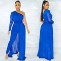 X5675 cross-border   pure colorsexy mesh see-through one-shoulder slanted collar long-sleeved pants jumpsuit for women