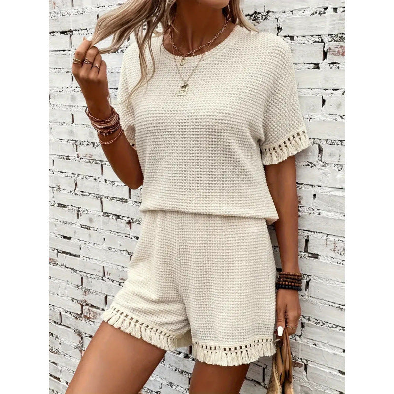 Shipped: cross-border independent store  european and american women's short set, round neck pullover top