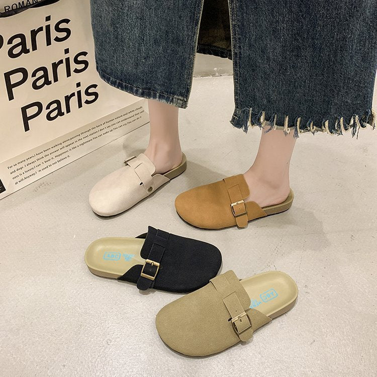 Taizhou plus size slip-on toe-cap half slippers 2025new arrivalretroflats slippers round toe suede lazy slippers